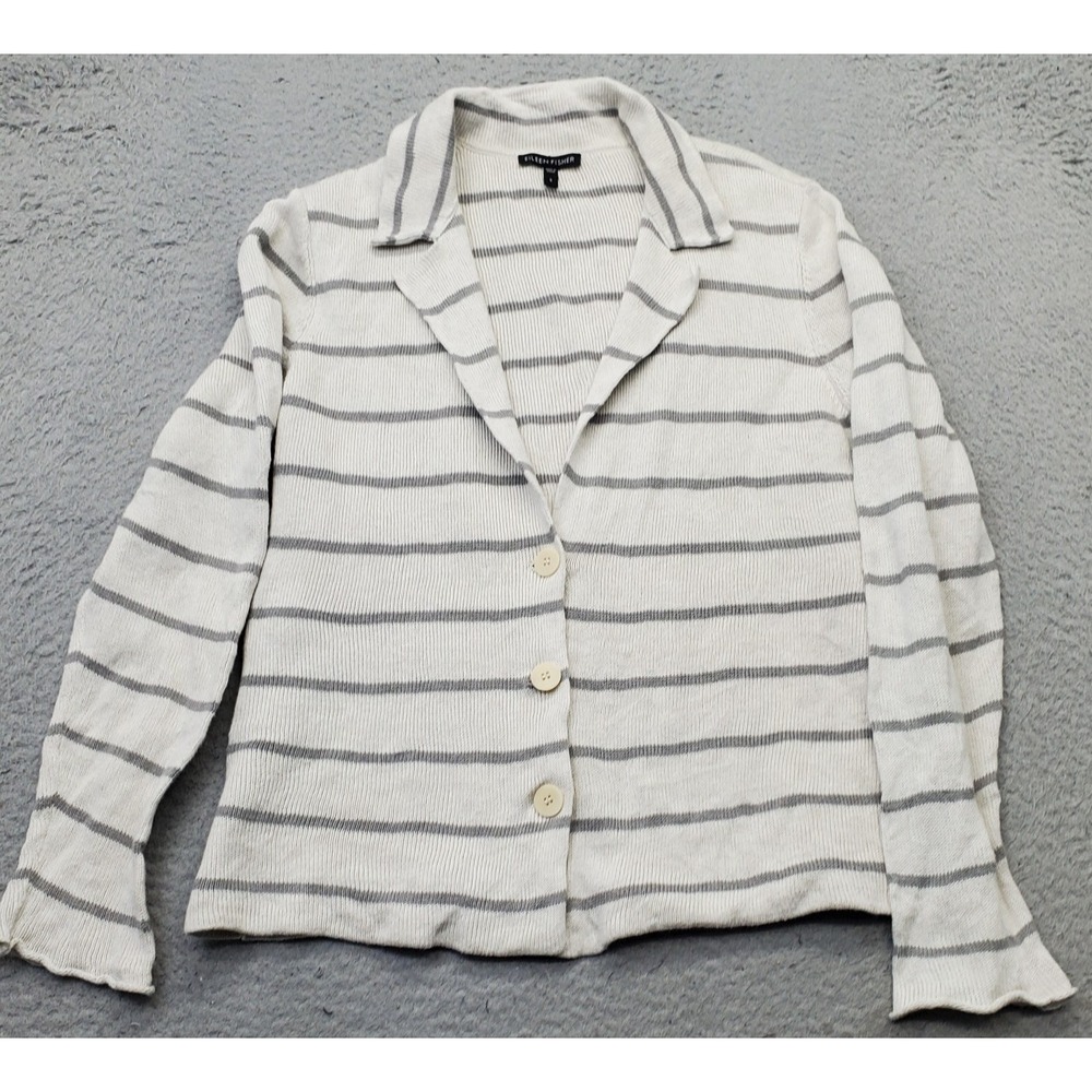Eileen Fisher Cardigan Sweater Womens S Multi Striped Notch Collar Button Front